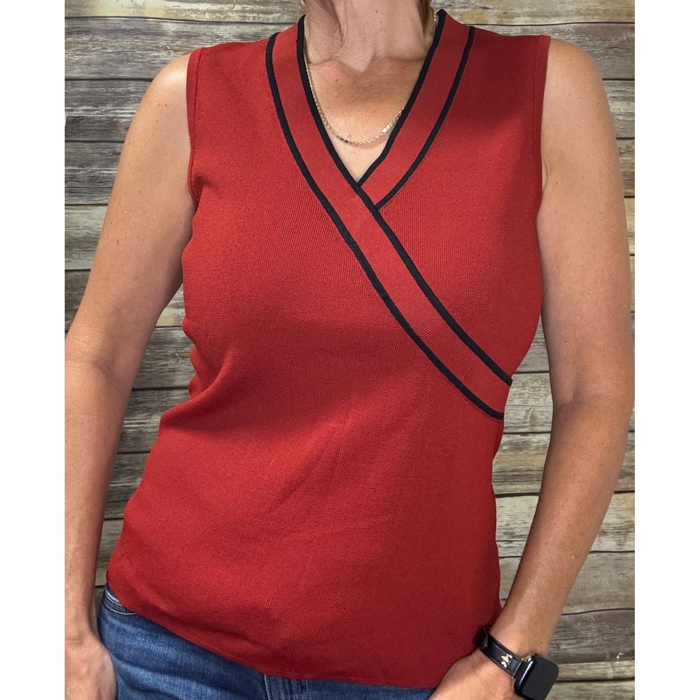 Cable & Gauge Red Sleeveless Faux Wrap V-Neck Sweater Top Black Trim M Medium - Picture 2 of 7